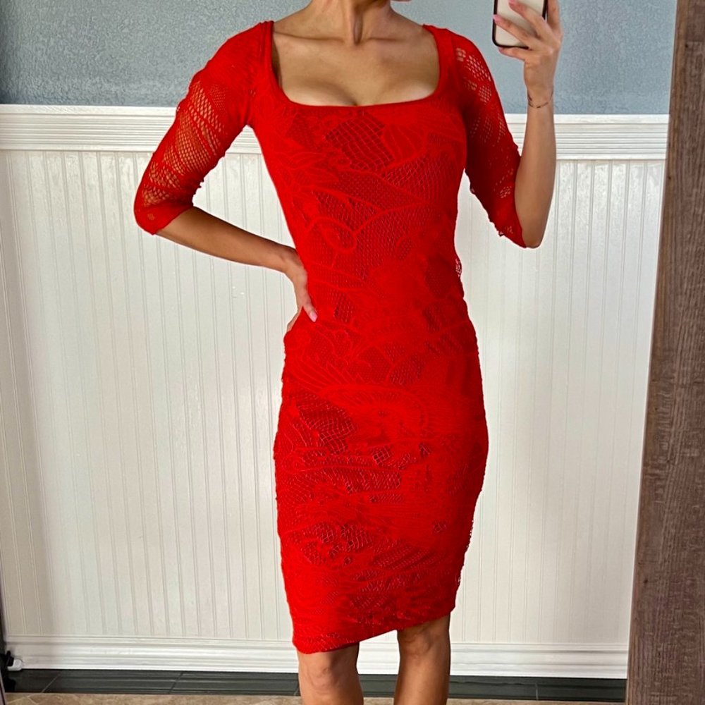 JEAN PAUL GAULTIER Fuzzi Soleil Tattoo Lace Red Dress Small